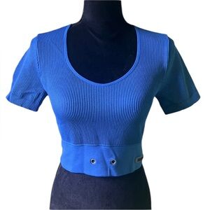 Sommer Ray Womens Blue Short Sleeve Ribbed Activewear Crop Top Large